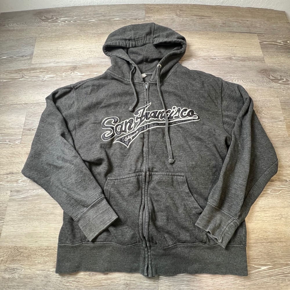 Y2K San Francisco Hoodie Mens L Gray Zip Up California Graphic Sweatshirt